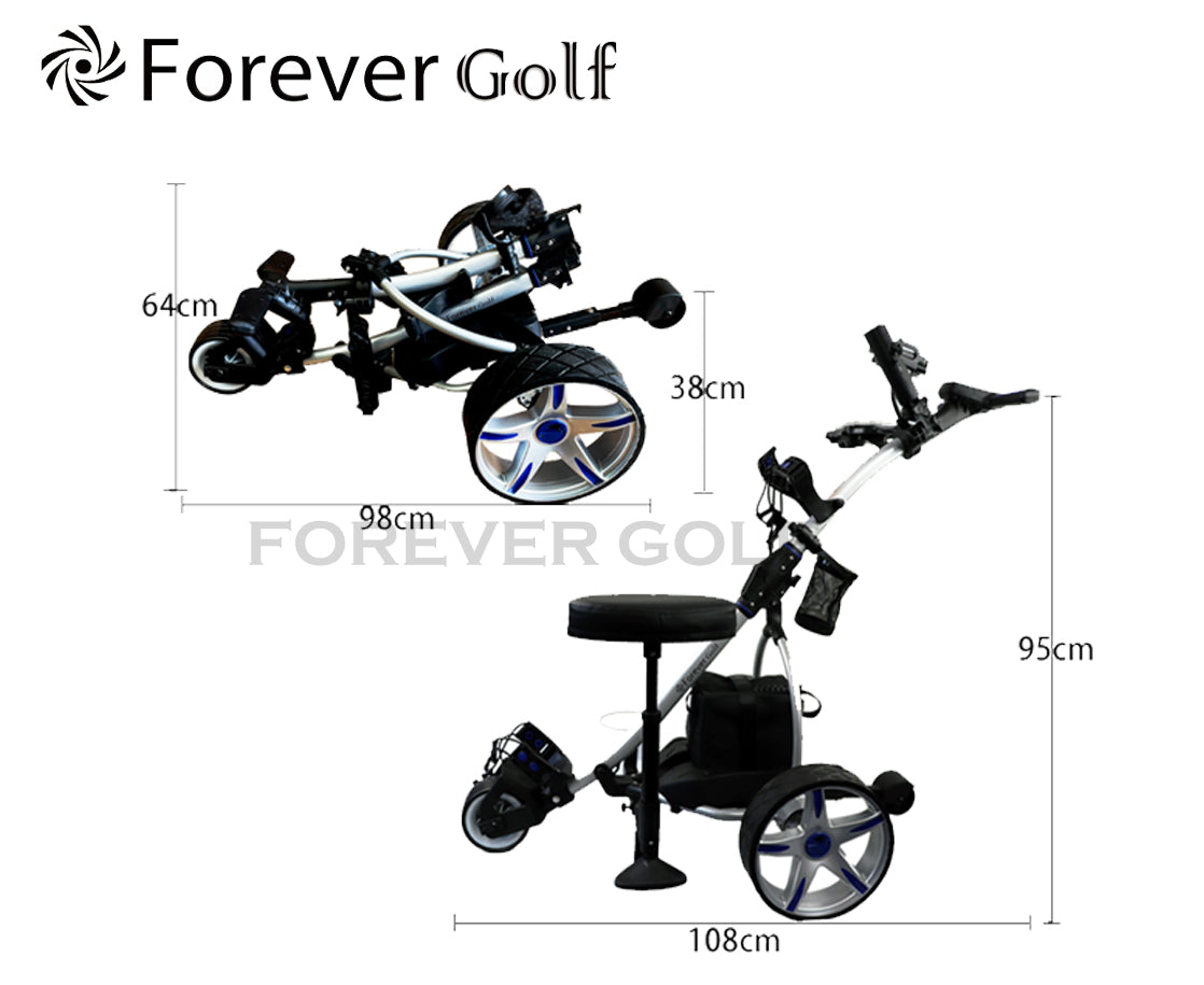 All in one Remote Control Dual Motors Electric Golf Trolley with a seat, Sand bucket holder, phone holder Golf Buggy-Silver Frame+Blue Wheels