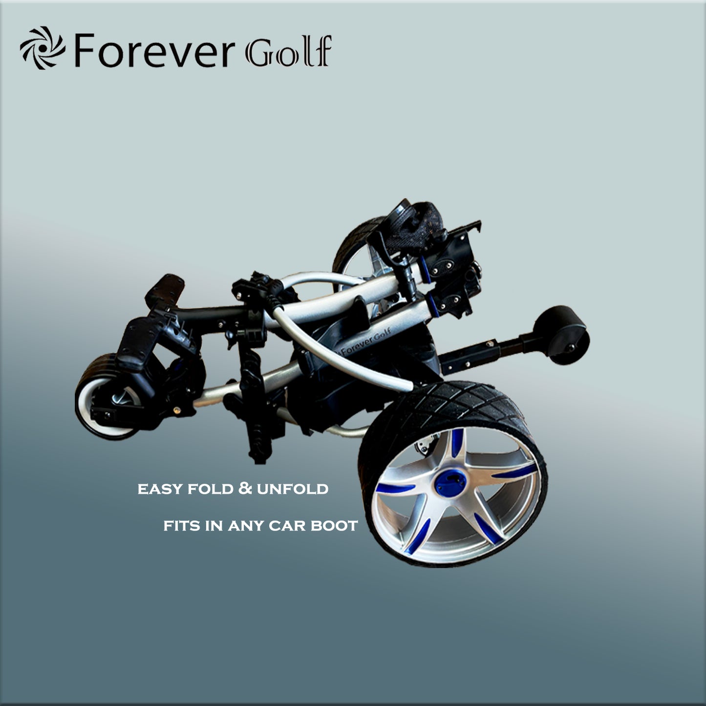 All in one Remote Control Dual Motors Electric Golf Trolley with a seat, Sand bucket holder, phone holder Golf Buggy-Silver Frame+Blue Wheels