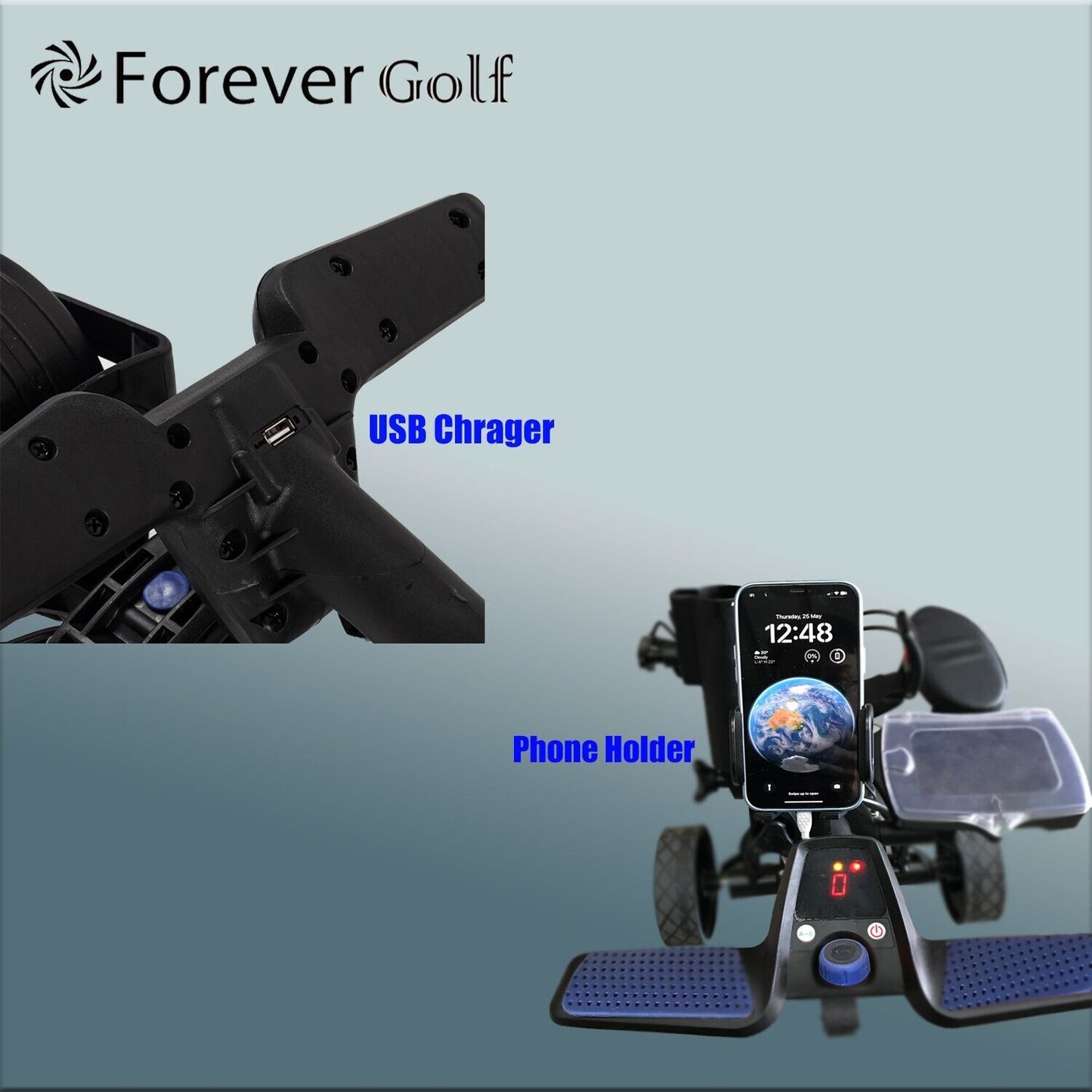 All in one Remote Control Dual Motors Electric Golf Trolley with a seat, Sand bucket holder, phone holder Golf Buggy-Silver Frame+Blue Wheels