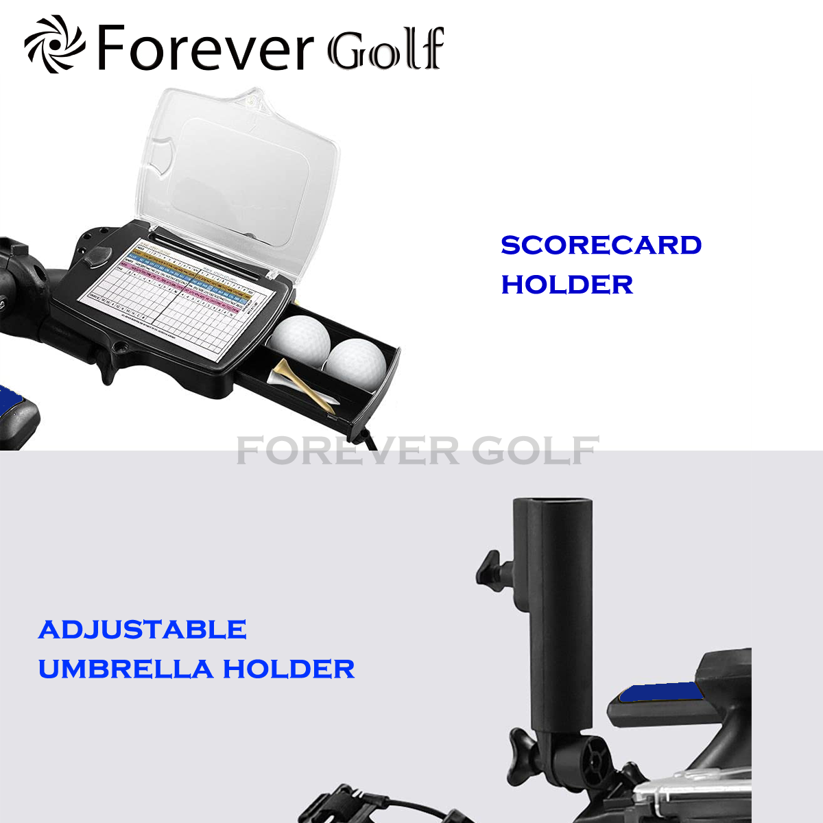 All in one Remote Control Dual Motors Electric Golf Trolley with a seat, Sand bucket holder, phone holder Golf Buggy-Silver Frame+Blue Wheels