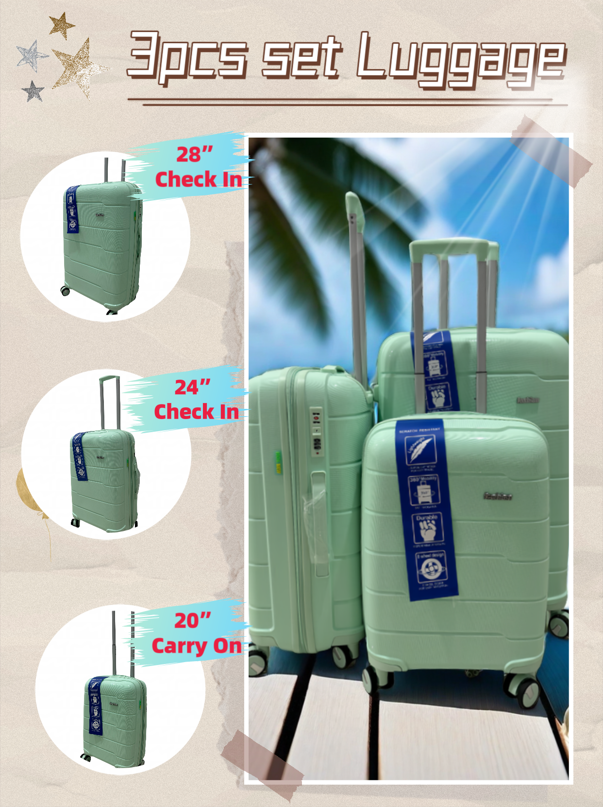 3pcs luggage Suitcase Trolley Set TSA Lock Travel Carry on Hard Cases-Light Green