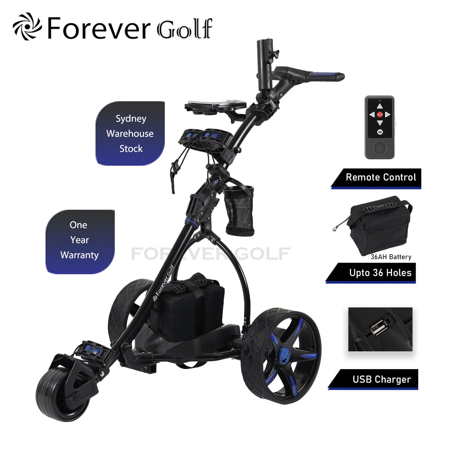 Brand New 2025 Remote Control Golf Buggy Dual Motors Electric Golf Trolley with a Build-in USB charger-Blue