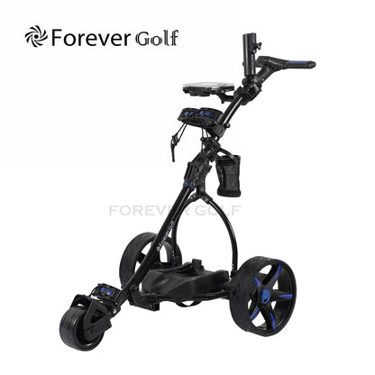 All in one Lightweight Remote Control Dual Motors Electric Golf Trolley with a seat, Sand bucket holder, phone holder-Black Frame+Blue Wheels