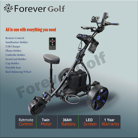 All in one Lightweight Remote Control Dual Motors Electric Golf Trolley with a seat, Sand bucket holder, phone holder-Black Frame+Blue Wheels