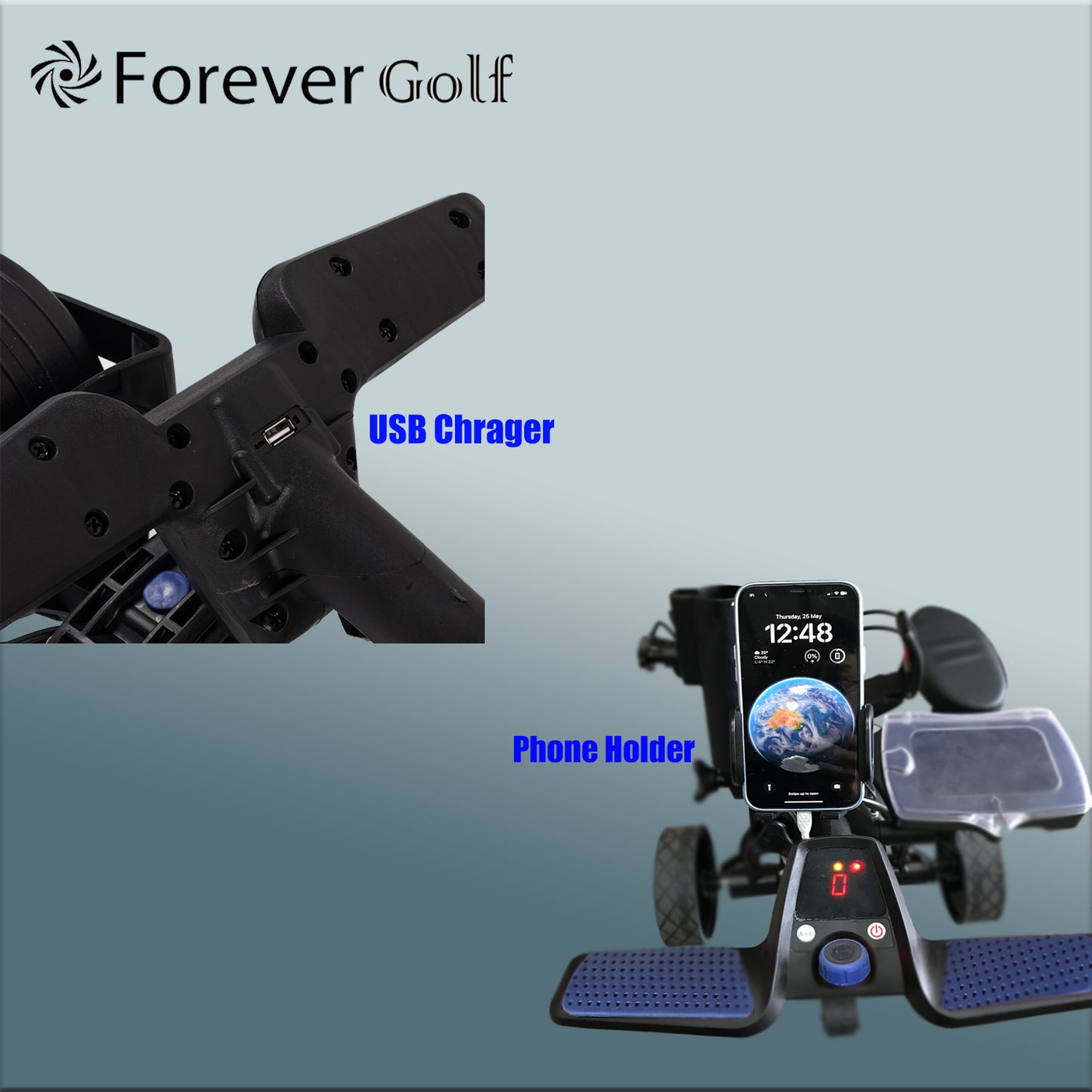 All in one Lightweight Remote Control Dual Motors Electric Golf Trolley with a seat, Sand bucket holder, phone holder-Black Frame+Blue Wheels