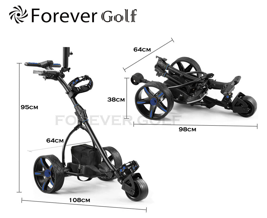 All in one Lightweight Remote Control Dual Motors Electric Golf Trolley with a seat, Sand bucket holder, phone holder-Black Frame+Blue Wheels