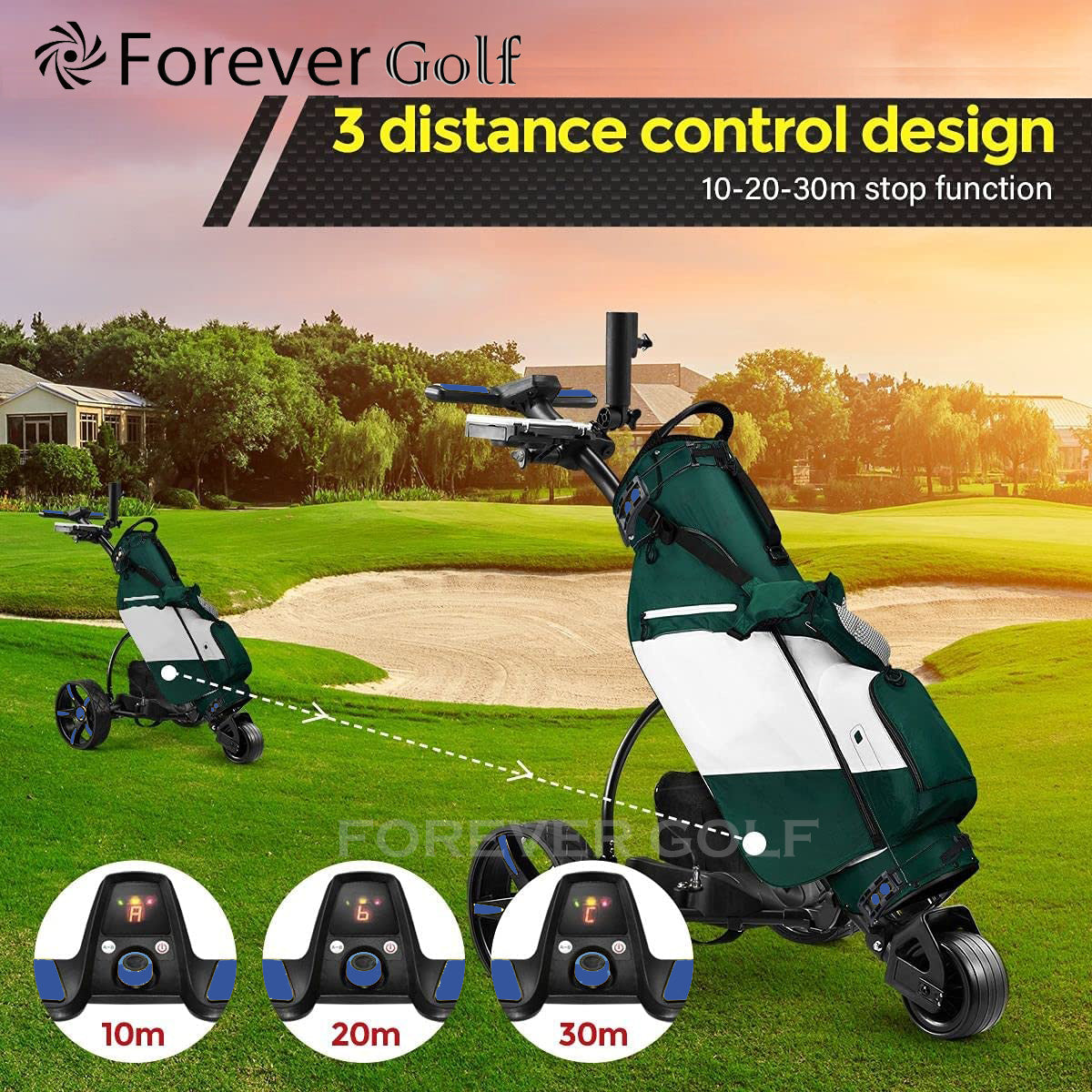 All in one Lightweight Remote Control Dual Motors Electric Golf Trolley with a seat, Sand bucket holder, phone holder-Black Frame+Blue Wheels