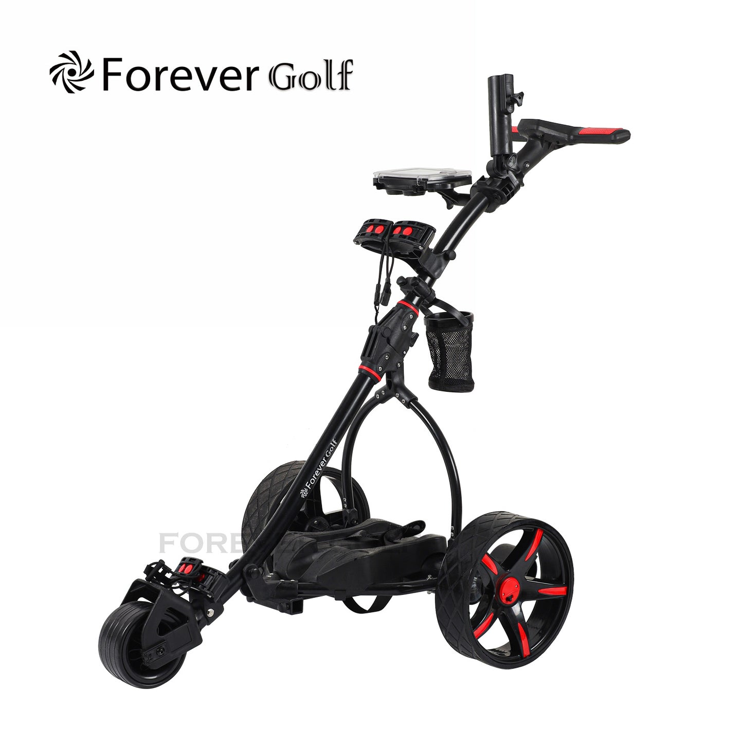 Lithium Battery Remote Control Electric Golf Trolley with a seat, Sand bucket holder, phone holder Golf Buggy-Black Frame+Red Wheels