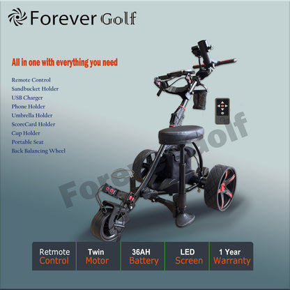 All in one Lightweight Remote Control Dual Motors Electric Golf Trolley with a seat, Sand bucket holder, phone holder-Red