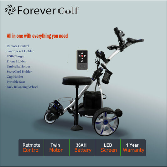 All in one Remote Control Dual Motors Electric Golf Trolley with a seat, Sand bucket holder, phone holder Golf Buggy-Silver Frame+Blue Wheels