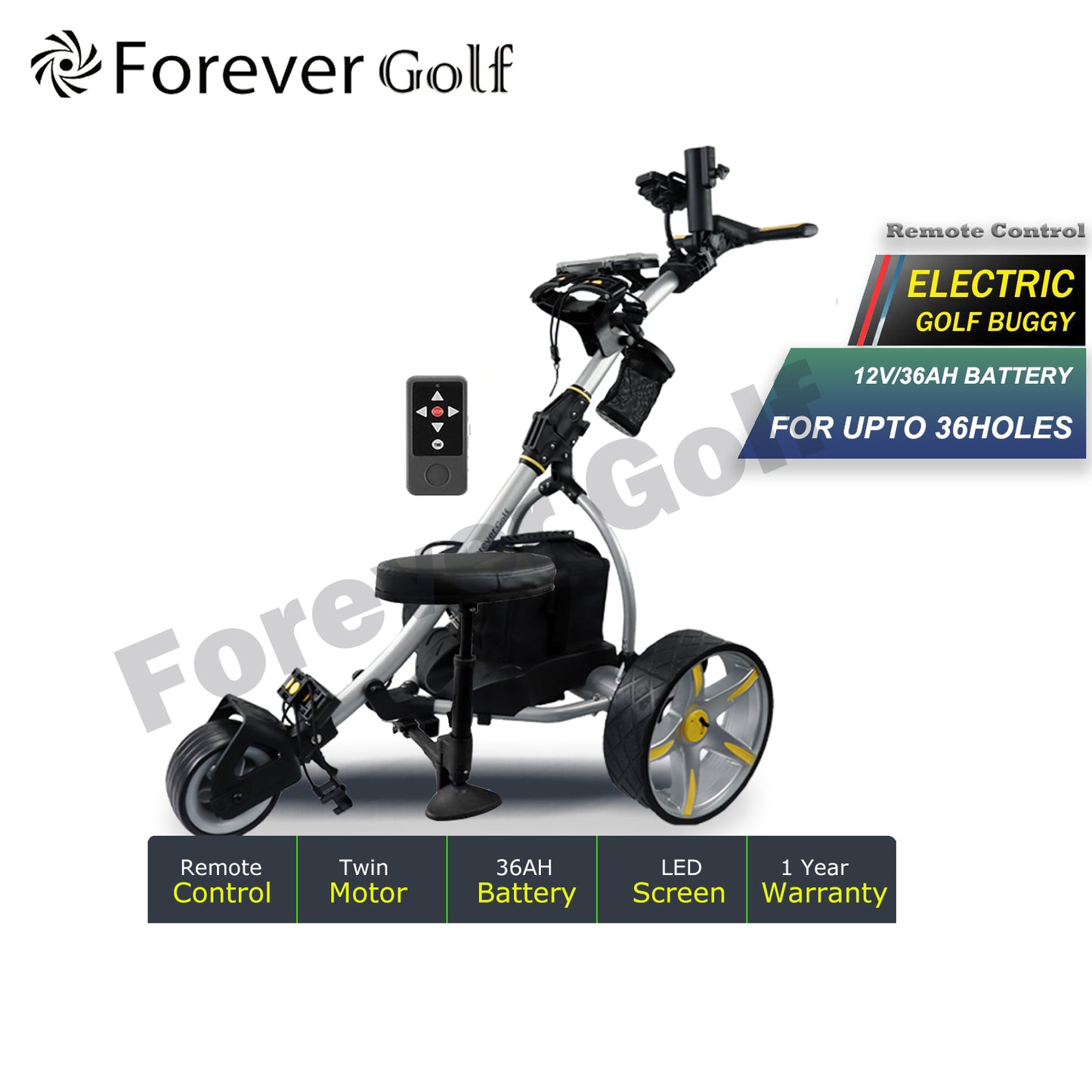 2025 Model Remote Control Dual Motors Electric Golf Trolley with a seat Golf Buggy-Black Frame+ Yellow Wheels