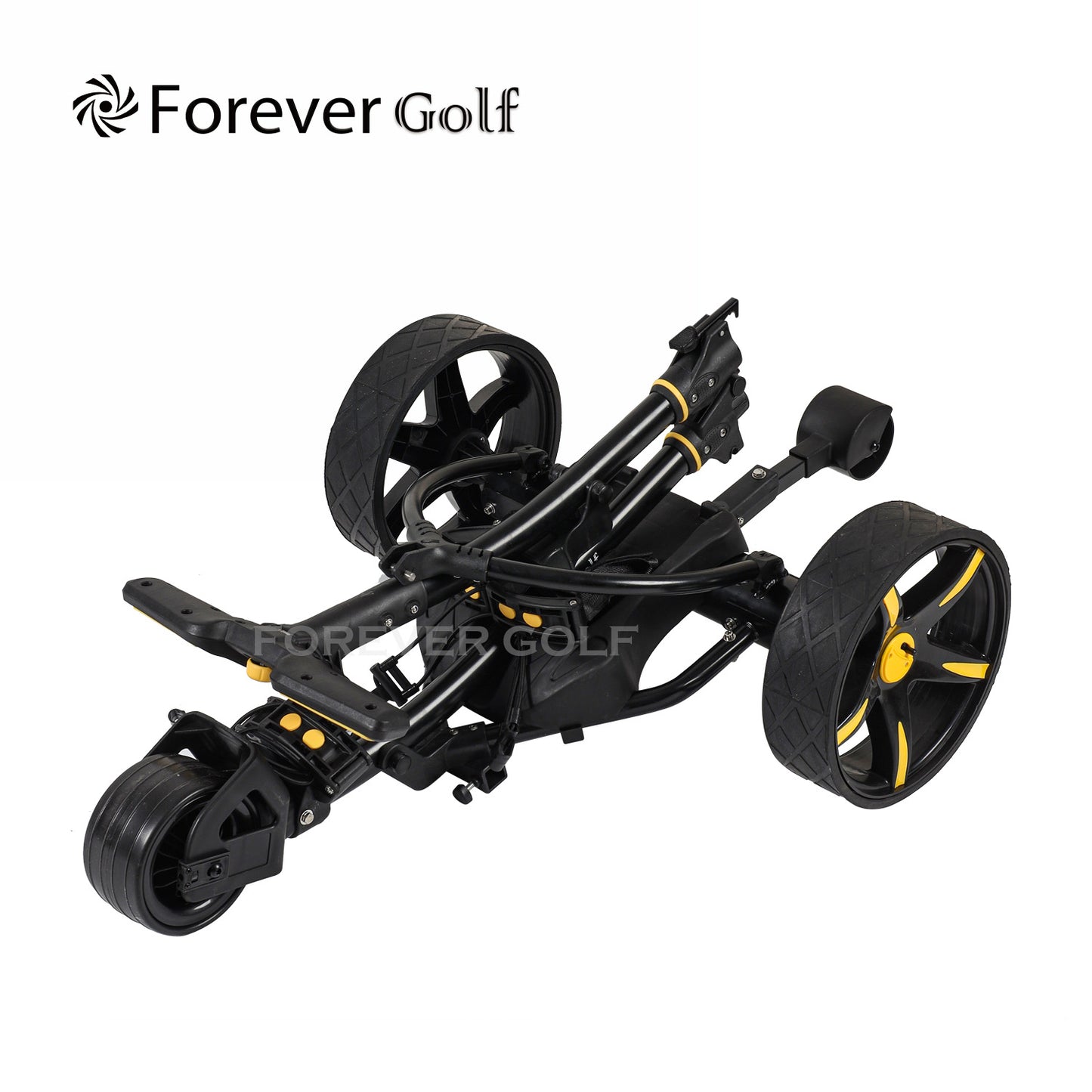 All in one Remote Control Dual Motors Electric Golf Trolley with a seat, Sand bucket holder, phone holder Golf Buggy-Black Frame+Yellow Wheels