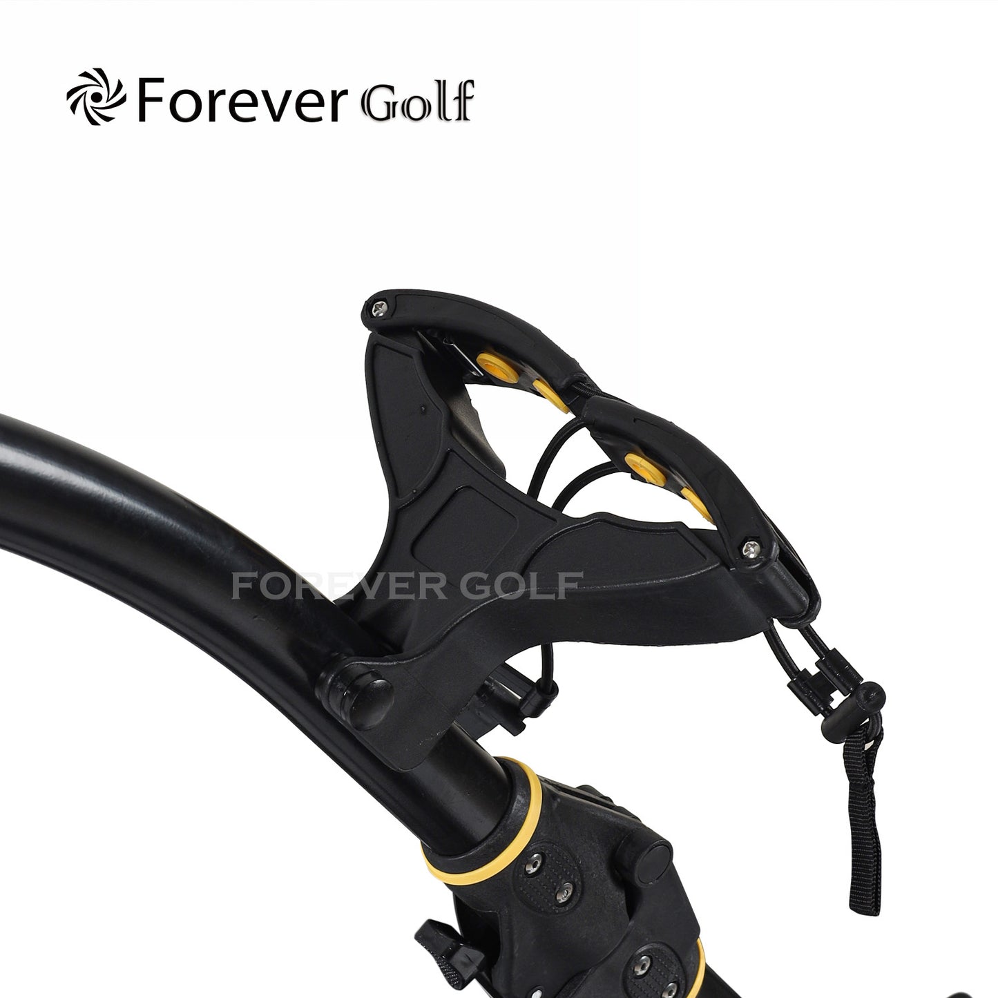 Lithium Battery Remote Control Electric Golf Trolley with a seat, Sand bucket holder, phone holder Golf Buggy-Black Frame+ Yellow Wheels