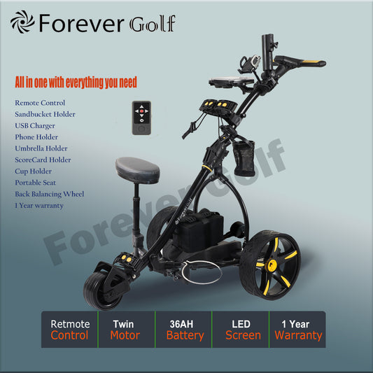 All in one Remote Control Dual Motors Electric Golf Trolley with a seat, Sand bucket holder, phone holder Golf Buggy-Black Frame+Yellow Wheels