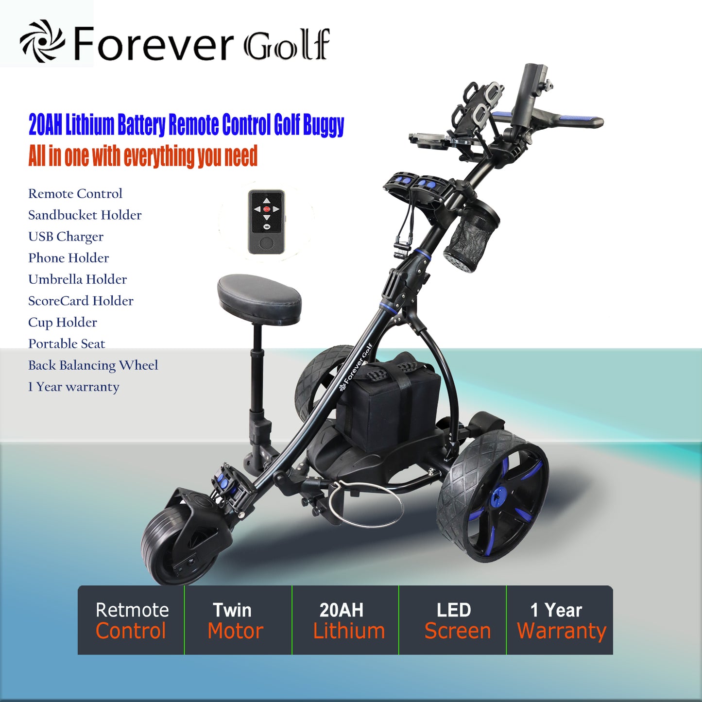 Lithium Battery Remote Control Electric Golf Trolley with a seat, Sand bucket holder, phone holder Golf Buggy-Black Frame+Blue Wheels