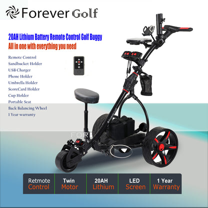 Lithium Battery Remote Control Electric Golf Trolley with a seat, Sand bucket holder, phone holder Golf Buggy-Black Frame+Red Wheels