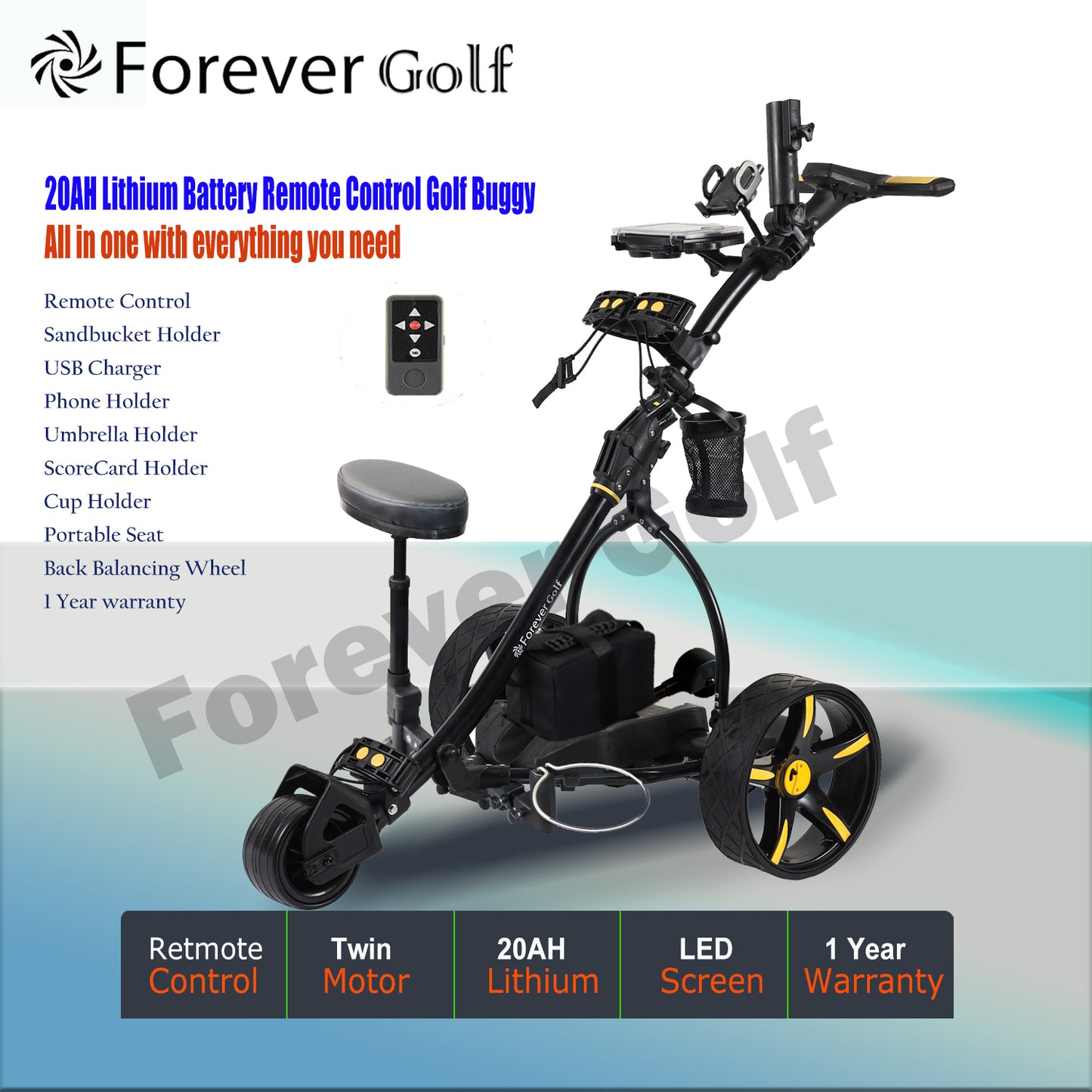 Lithium Battery Remote Control Electric Golf Trolley with a seat, Sand bucket holder, phone holder Golf Buggy-Black Frame+ Yellow Wheels