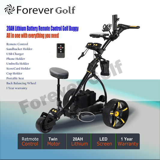 Lithium Battery Remote Control Electric Golf Trolley with a seat, Sand bucket holder, phone holder Golf Buggy-Black Frame+ Yellow Wheels