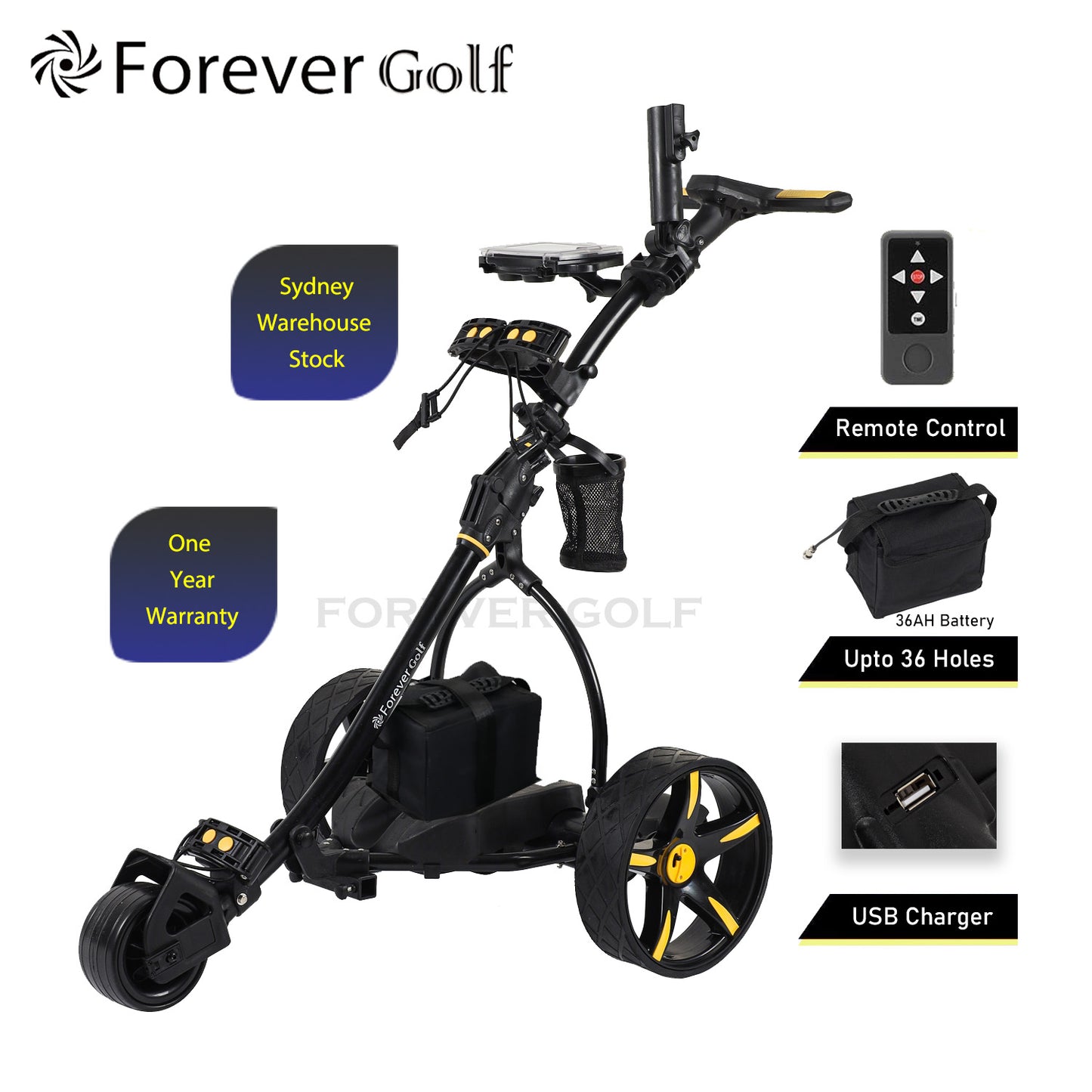 Brand New 2024 Remote Control Golf Buggy Dual Motors Electric Golf Trolley with a Build-in USB charger-Yellow image 0